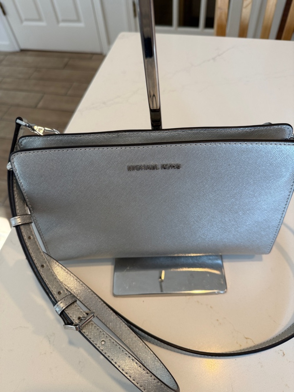 Michael Kors Metallic Silver Saffiano Crossbody Bag - Picture 5 of 11